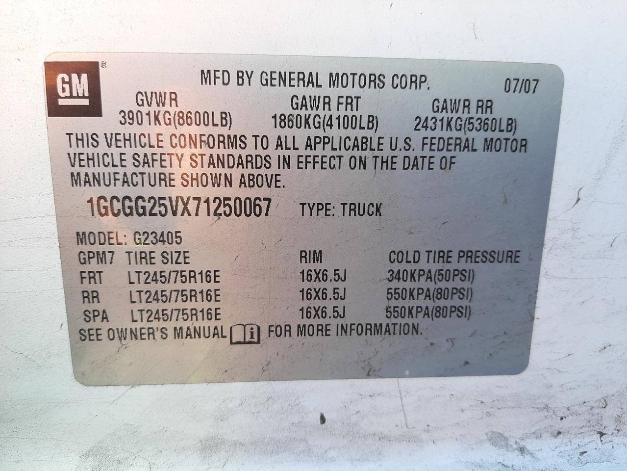 Photo 10 from auction – 2007 CHEVROLET EXPRESS G2 with VIN 1GCGG25VX71250067
