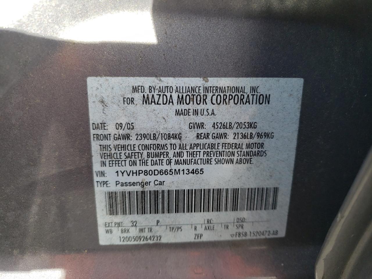 Photo 10 from auction – 2006 MAZDA 6 S with VIN 1YVHP80D665M13465
