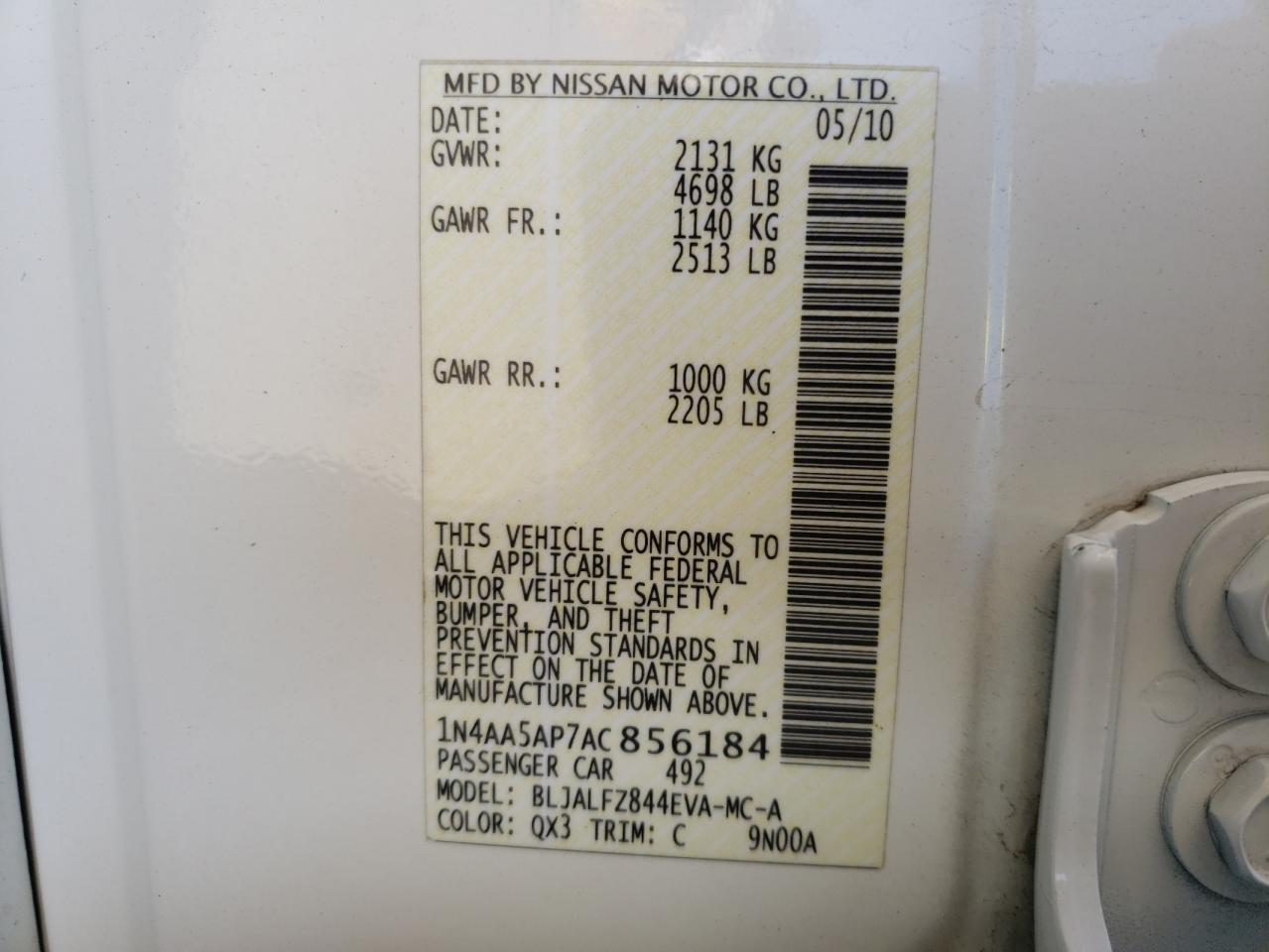 صورة رقم 10 من المزاد - 2010 NISSAN MAXIMA S مع VIN 1N4AA5AP7AC856184