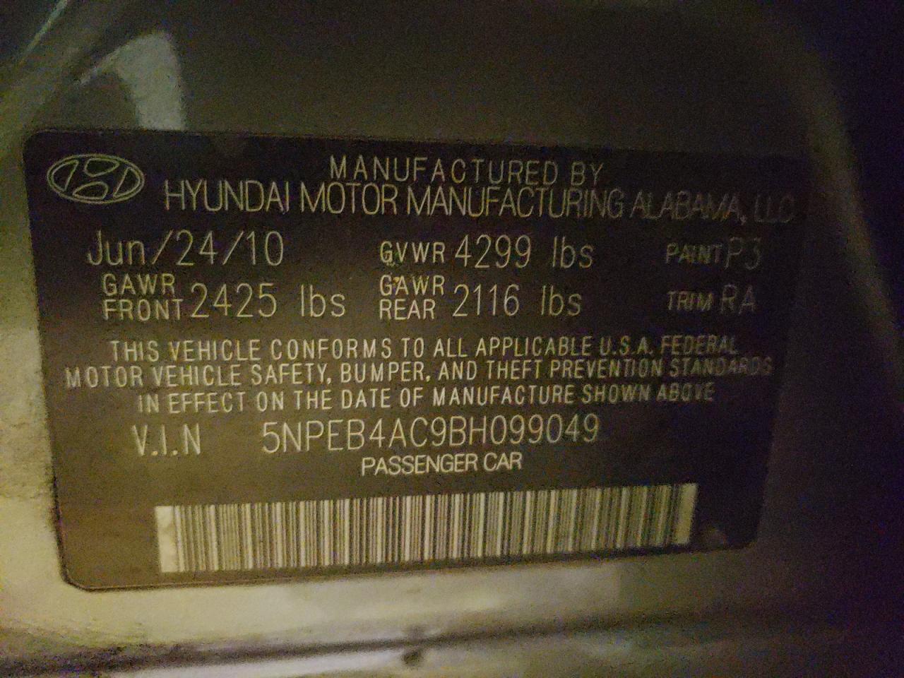 Photo 10 from auction – 2011 HYUNDAI SONATA GLS with VIN 5NPEB4AC9BH099049