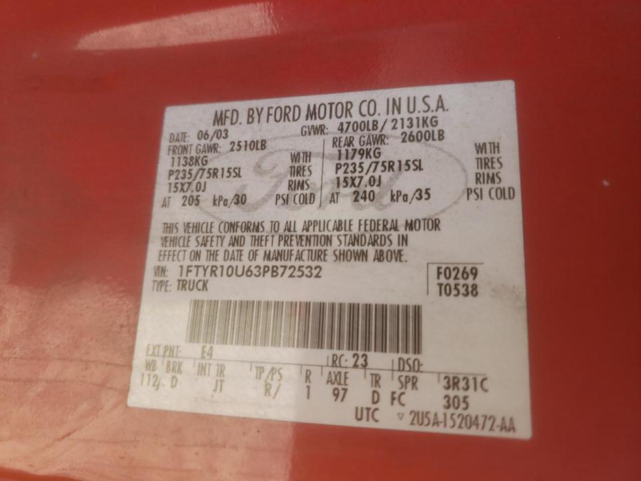 Photo 10 from auction – 2003 FORD RANGER with VIN 1FTYR10U63PB72532