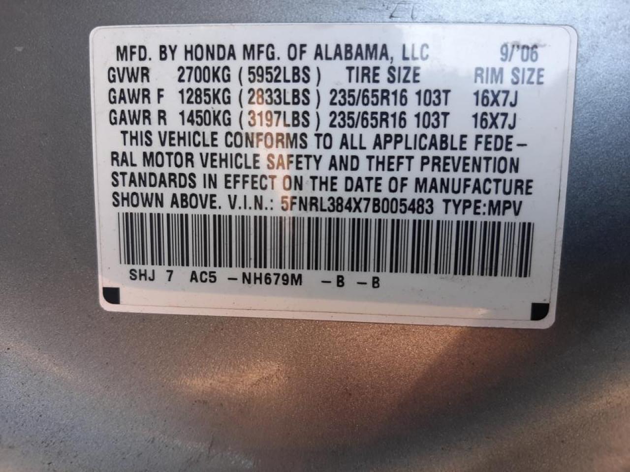Photo 10 from auction – 2007 HONDA ODYSSEY EX with VIN 5FNRL384X7B005483