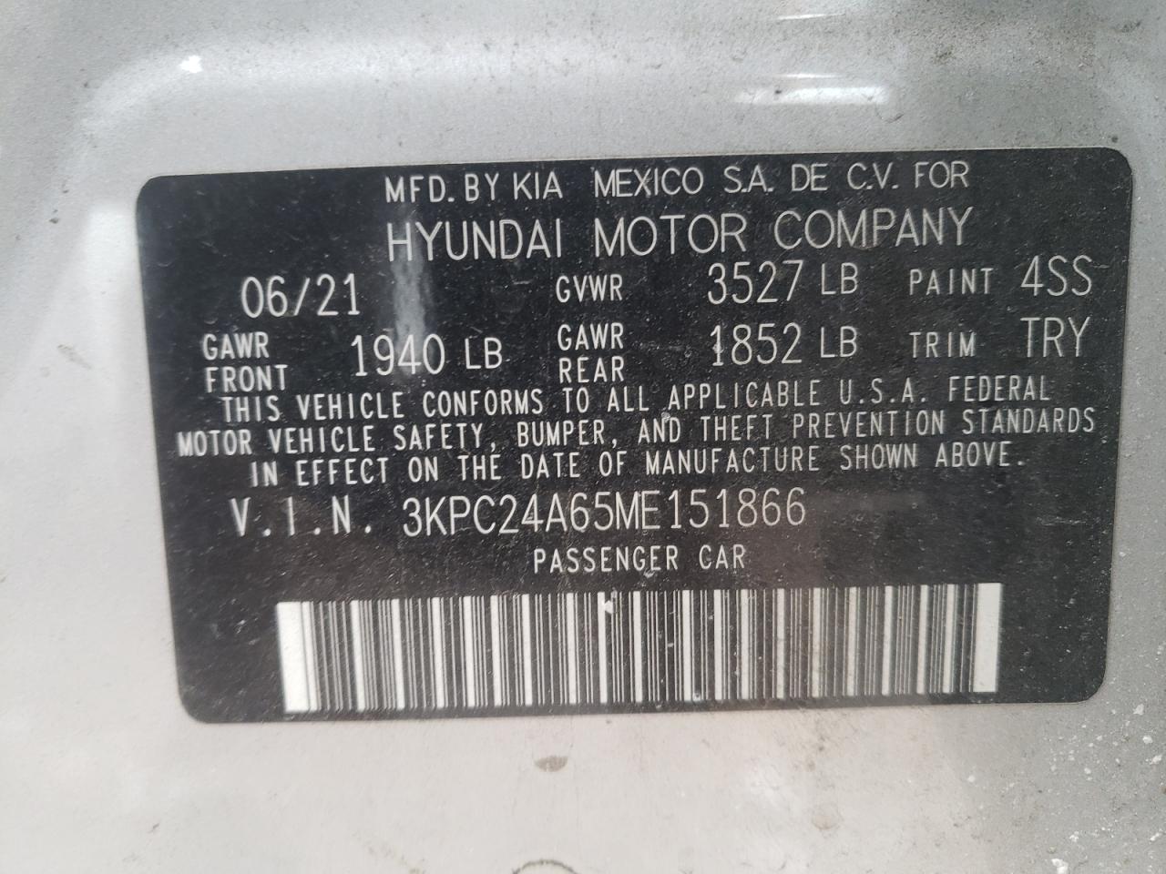 Photo 10 from auction – 2021 HYUNDAI ACCENT SE with VIN 3KPC24A65ME151866