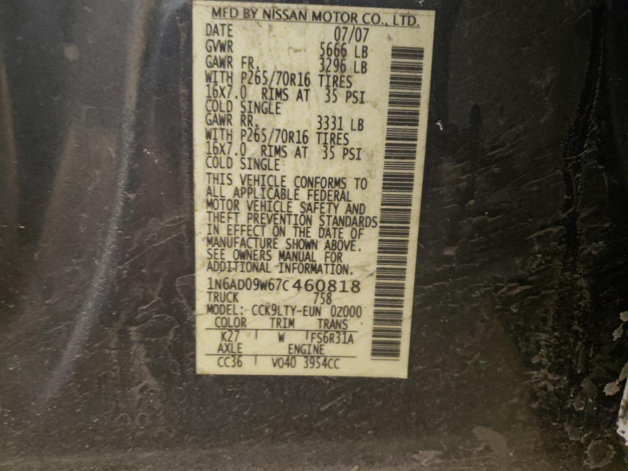 Photo 10 from auction – 2007 NISSAN FRONTIER C with VIN 1N6AD09W67C460818