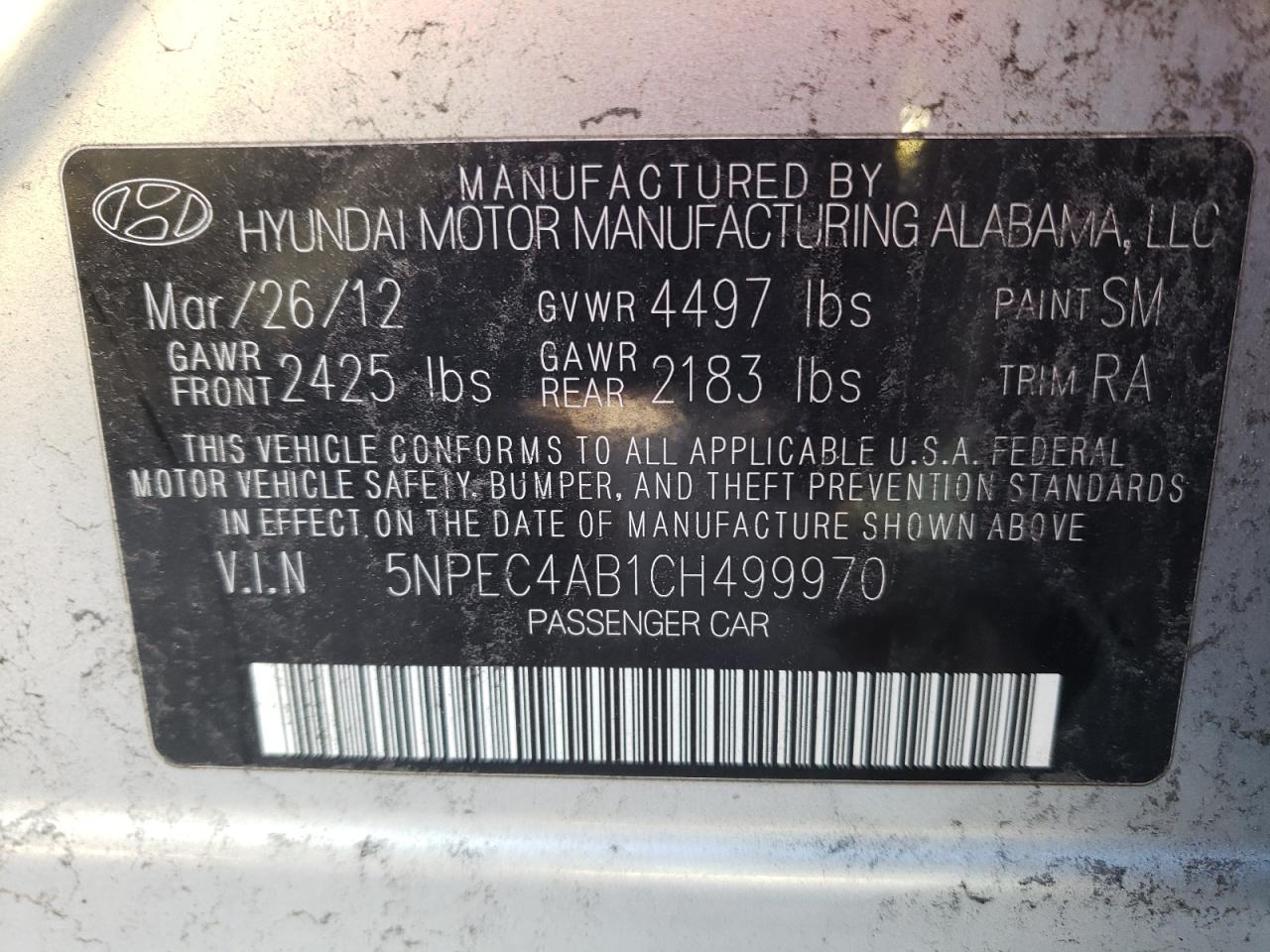 Photo 10 from auction – 2012 HYUNDAI SONATA SE with VIN 5NPEC4AB1CH499970