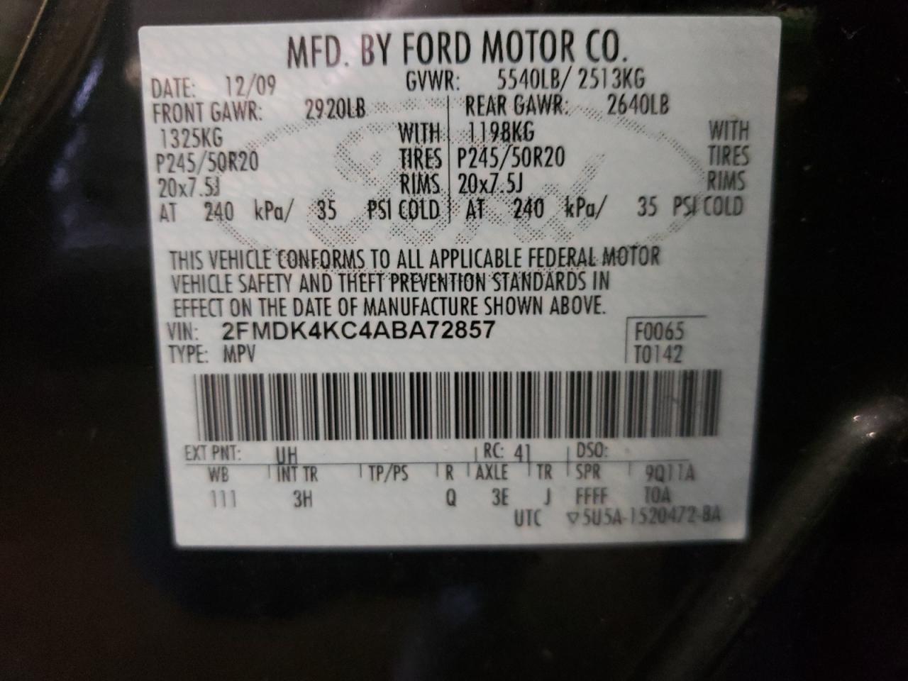 Photo 10 from auction – 2010 FORD EDGE LIMIT with VIN 2FMDK4KC4ABA72857