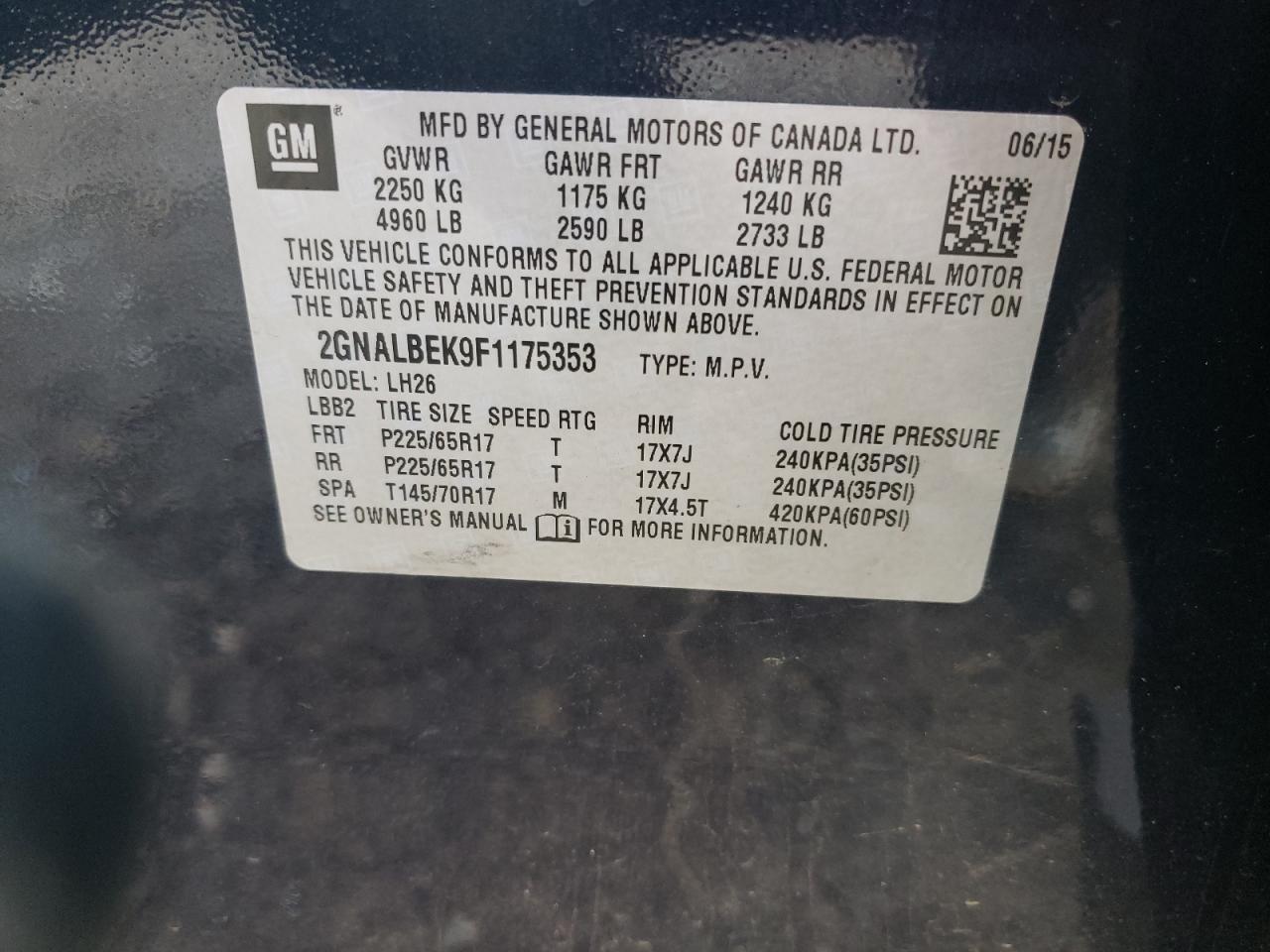 Photo 10 from auction – 2015 CHEVROLET EQUINOX LT with VIN 2GNALBEK9F1175353