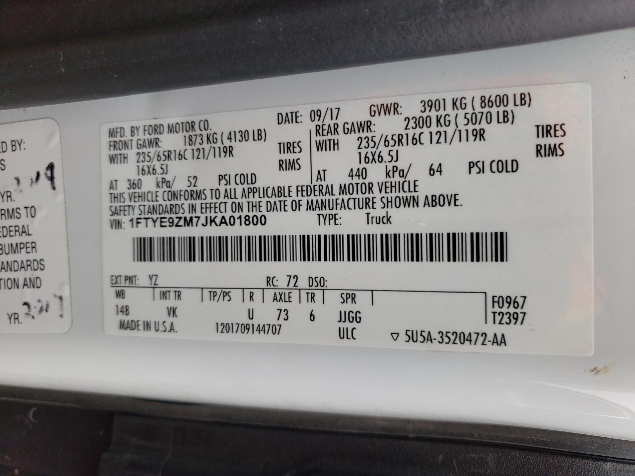 Photo 10 from auction – 2018 FORD TRANSIT T- with VIN 1FTYE9ZM7JKA01800