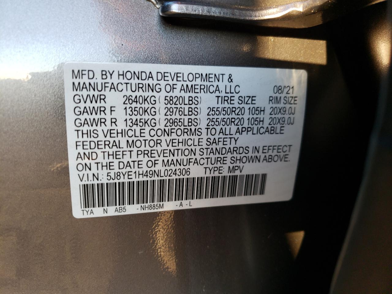 Photo 10 from auction – 2022 ACURA MDX TECHNO with VIN 5J8YE1H49NL024306