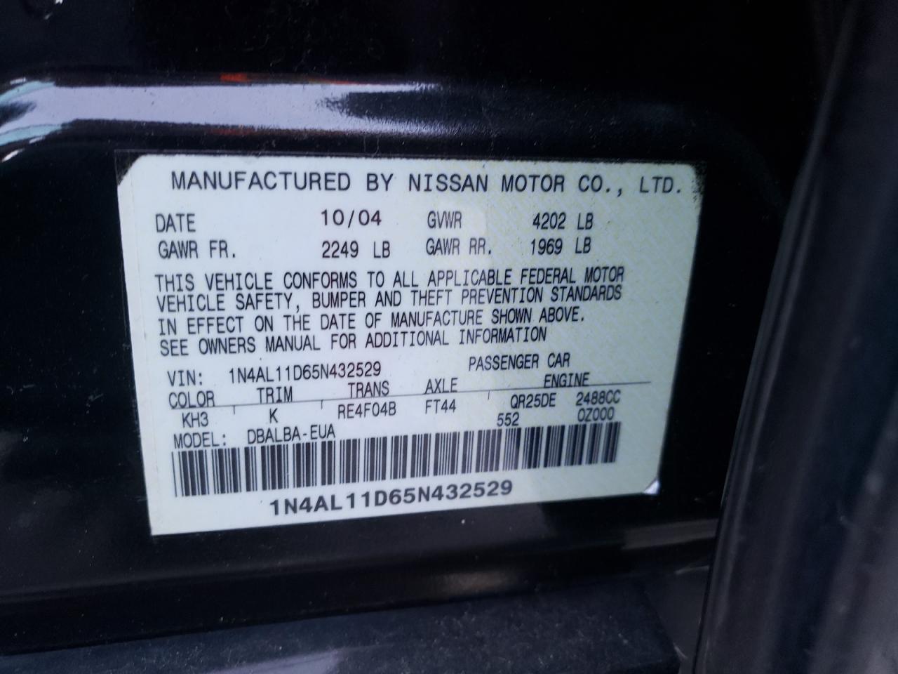 Photo 10 from auction – 2005 NISSAN ALTIMA S with VIN 1N4AL11D65N432529