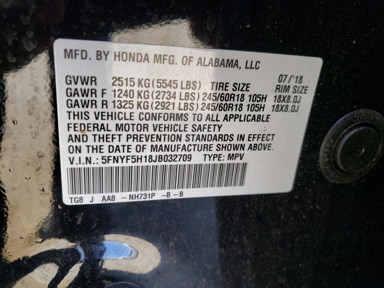 Photo 10 from auction – 2018 HONDA PILOT LX with VIN 5FNYF5H18JB032709