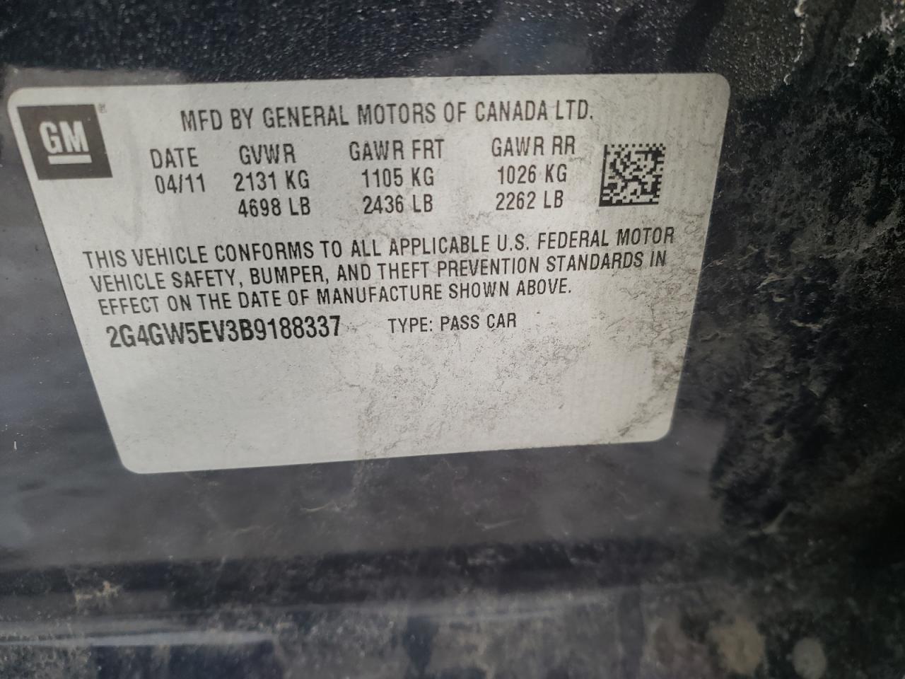 Photo 10 from auction – 2011 BUICK REGAL CXL with VIN 2G4GW5EV3B9188337
