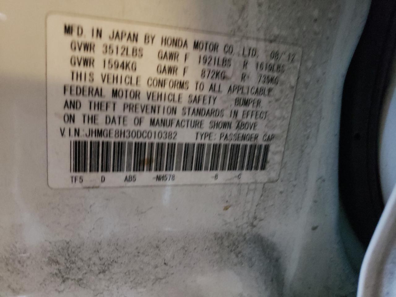 Photo 10 from auction – 2013 HONDA FIT with VIN JHMGE8H30DC010382