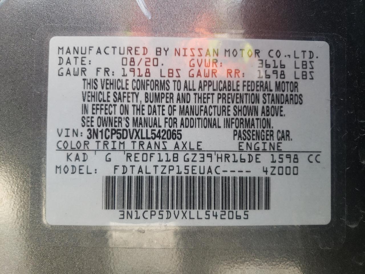 Photo 10 from auction – 2020 NISSAN KICKS SR with VIN 3N1CP5DVXLL542065