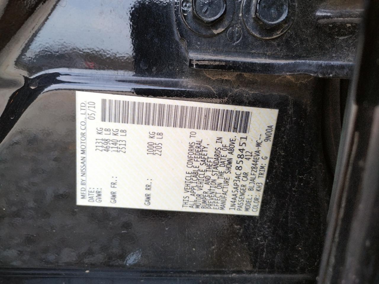 Photo 10 from auction – 2010 NISSAN MAXIMA S with VIN 1N4AA5AP3AC858451