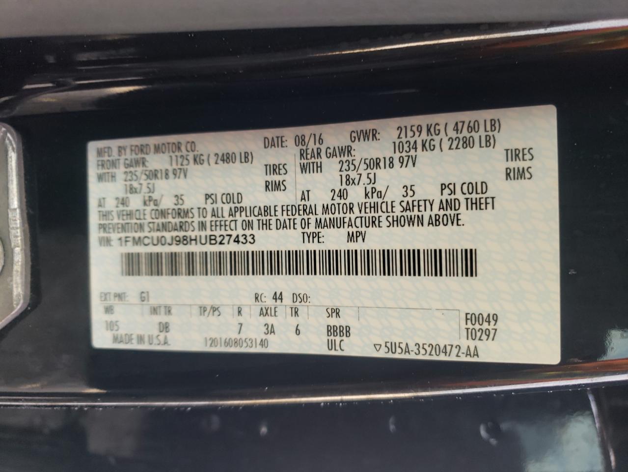 Photo 10 from auction – 2017 FORD ESCAPE with VIN 1FMCU0J98HUB27433
