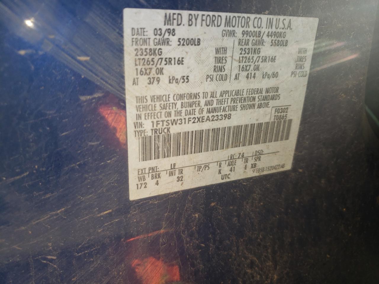 Photo 10 from auction – 1999 FORD F350 SRW S with VIN 1FTSW31F2XEA23398