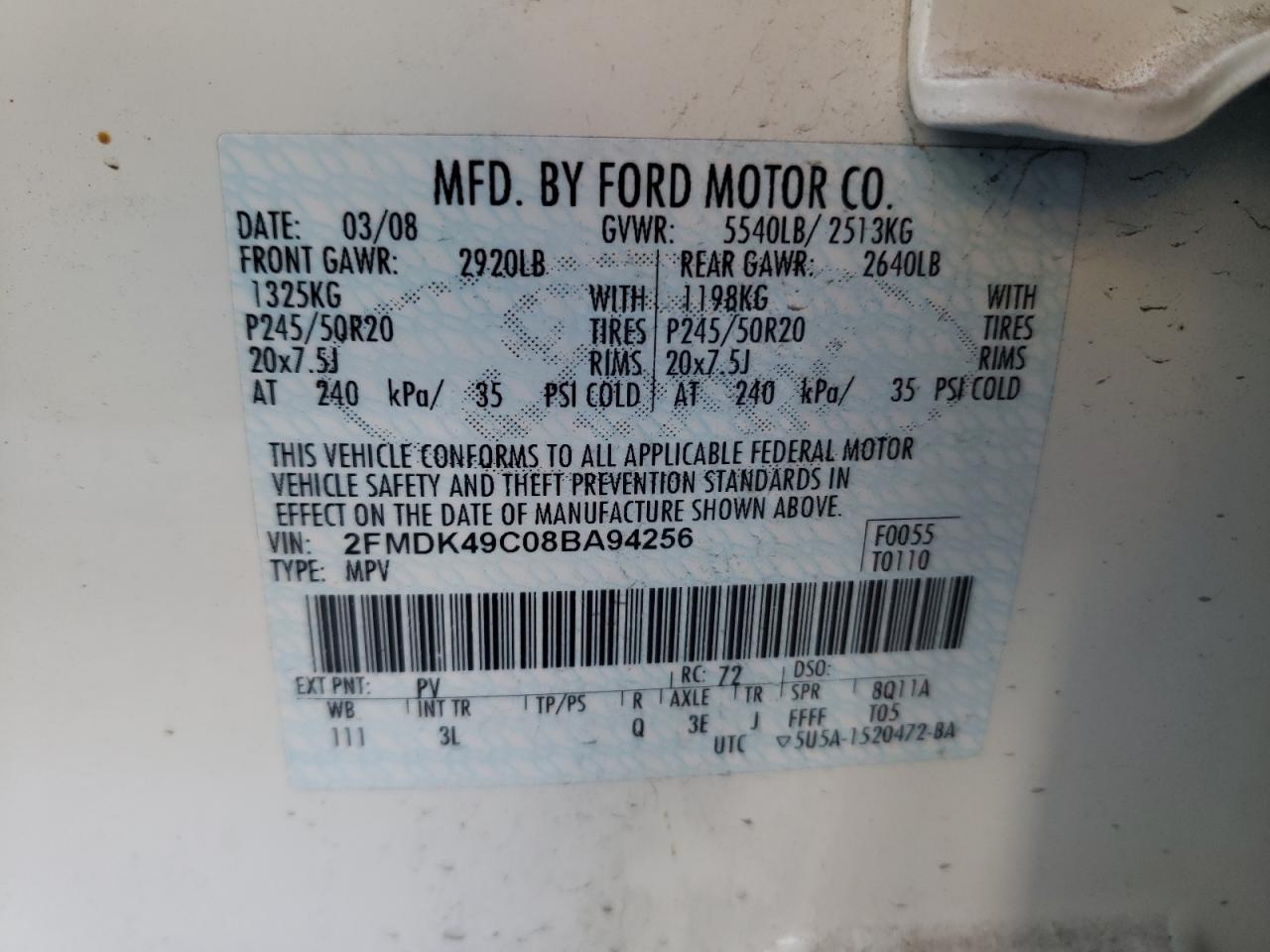 Photo 10 from auction – 2008 FORD EDGE LIMIT with VIN 2FMDK49C08BA94256
