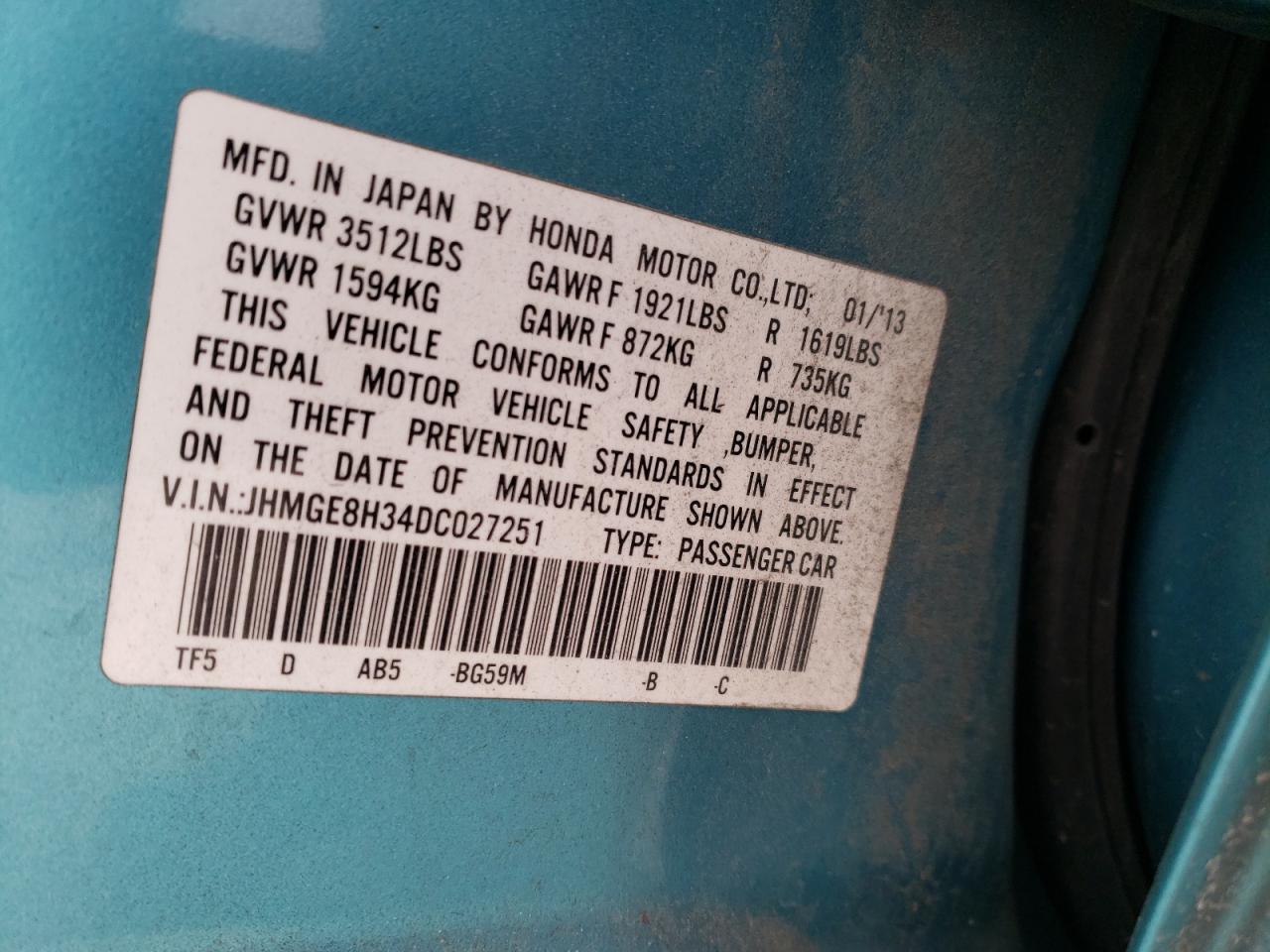 Photo 10 from auction – 2013 HONDA FIT with VIN JHMGE8H34DC027251