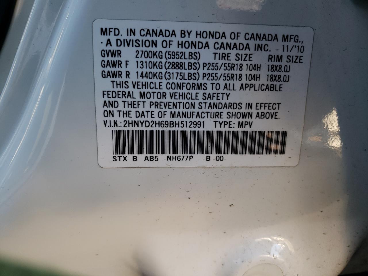 Photo 10 from auction – 2011 ACURA MDX TECHNO with VIN 2HNYD2H69BH512991