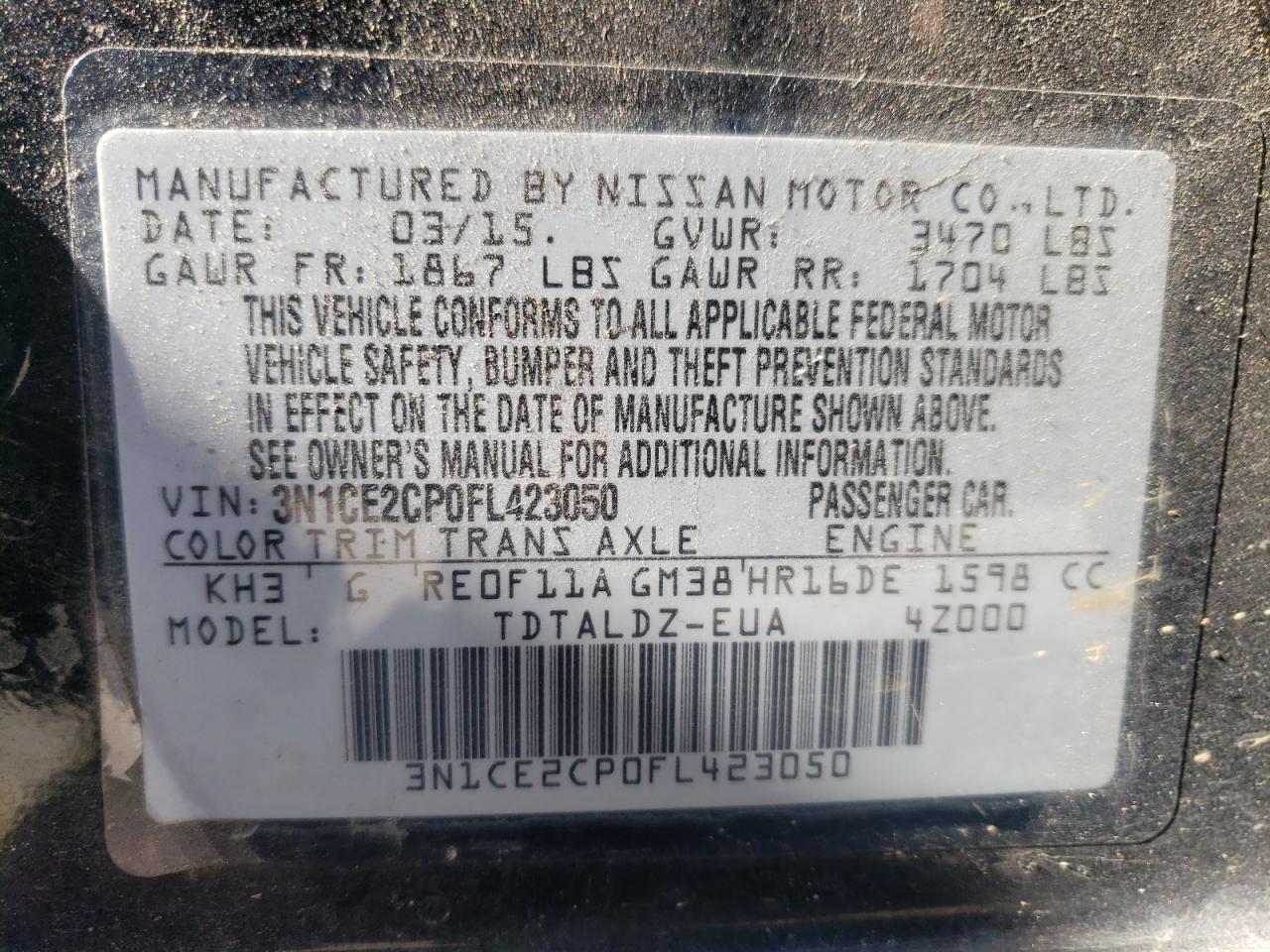 Photo 10 from auction – 2015 NISSAN VERSA NOTE with VIN 3N1CE2CP0FL423050