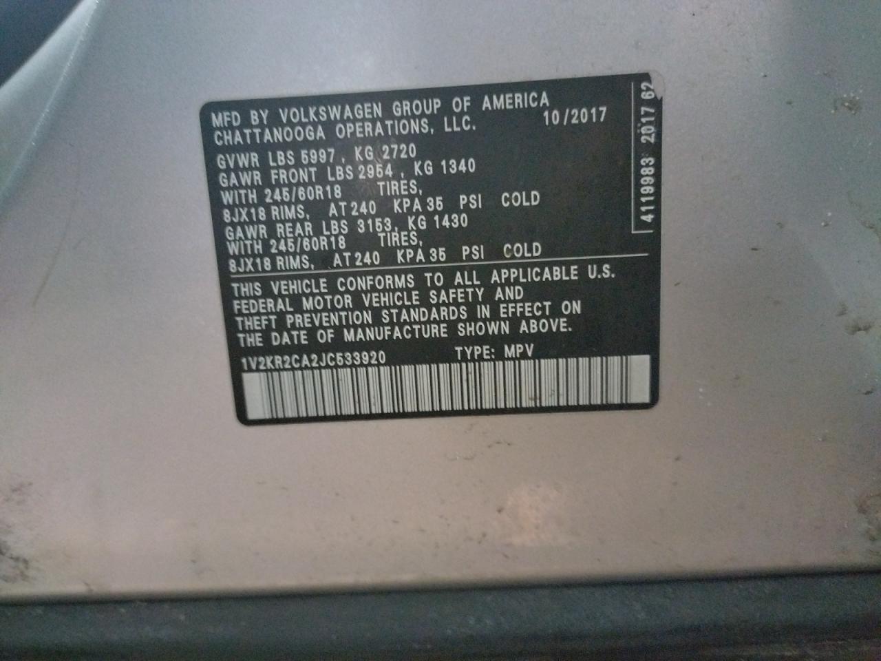 Photo 10 from auction – 2018 VOLKSWAGEN ATLAS SE with VIN 1V2KR2CA2JC533920