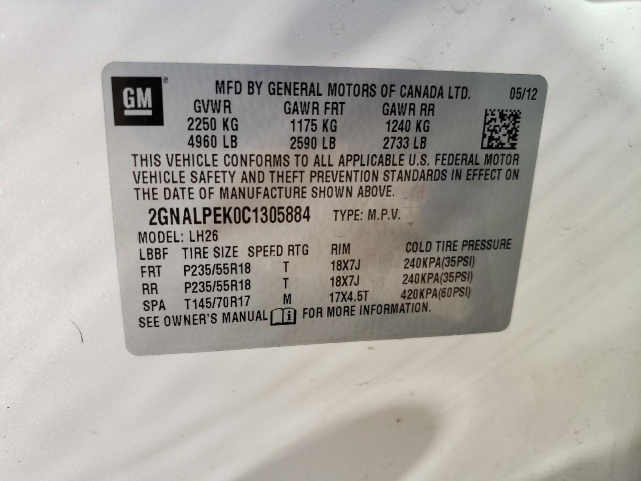 Photo 10 from auction – 2012 CHEVROLET EQUINOX LT with VIN 2GNALPEK0C1305884