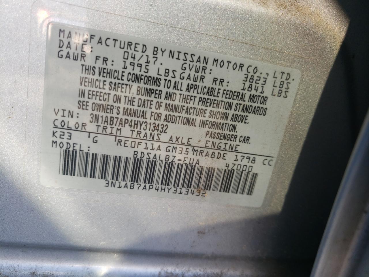 Photo 10 from auction – 2017 NISSAN SENTRA S with VIN 3N1AB7AP4HY313432