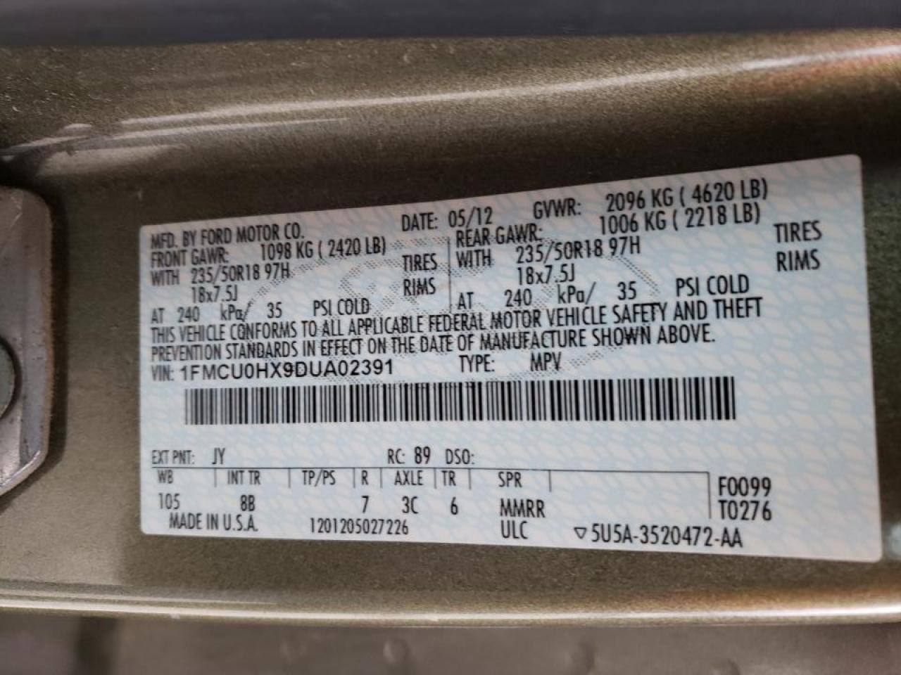 Photo 10 from auction – 2013 FORD ESCAPE SEL with VIN 1FMCU0HX9DUA02391