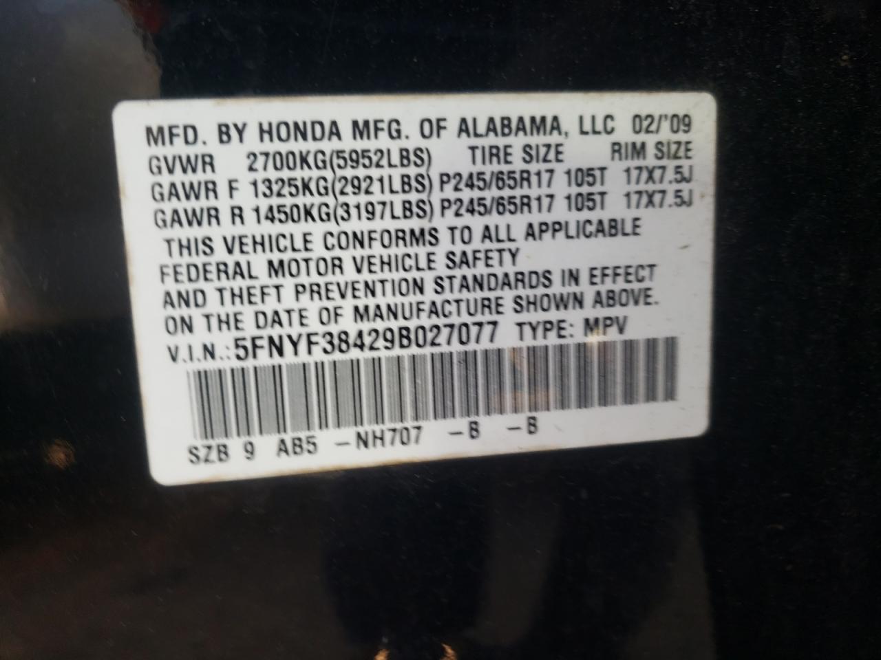 Photo 10 from auction – 2009 HONDA PILOT with VIN 5FNYF38429B027077