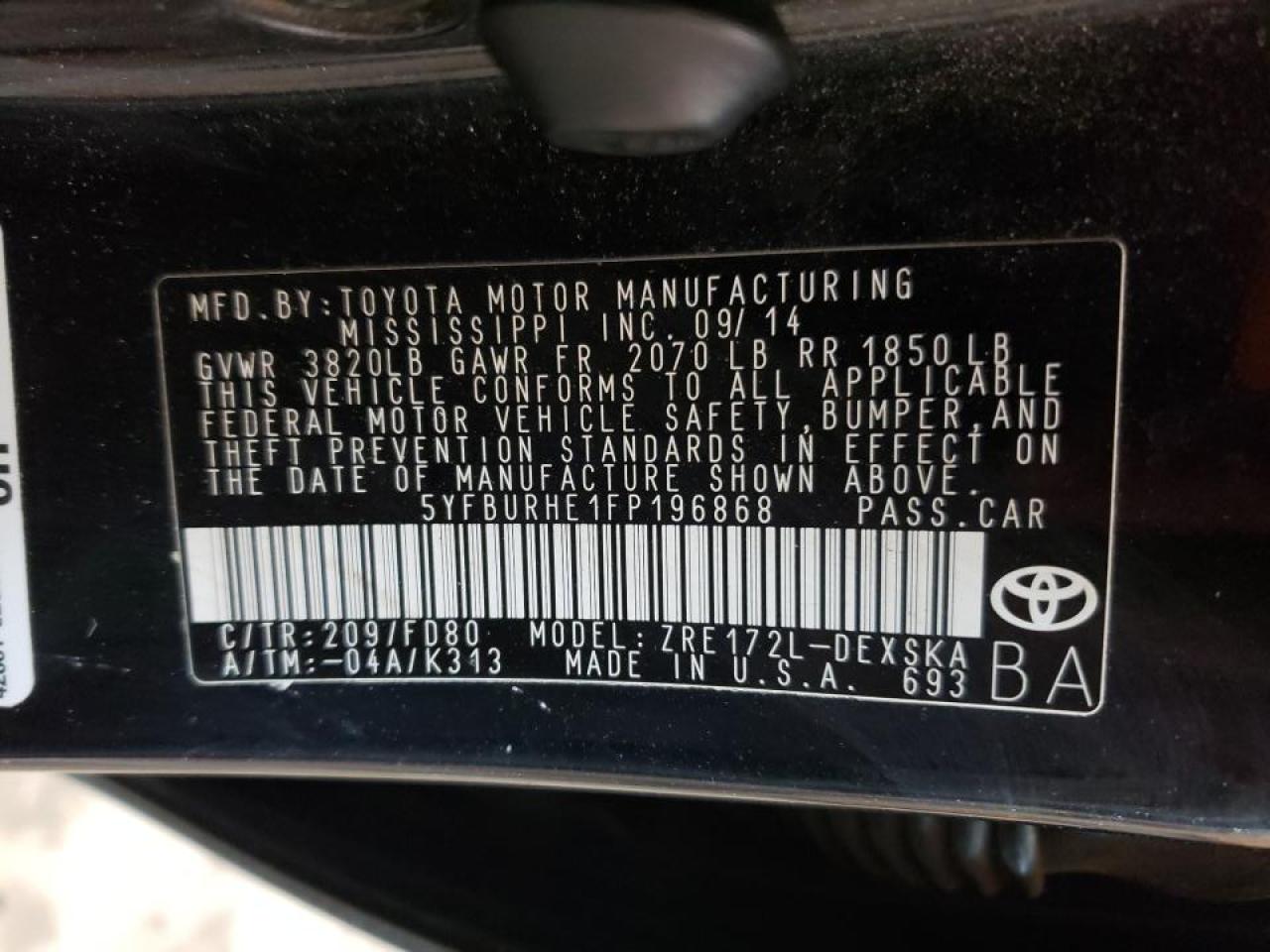 Photo 10 from auction – 2015 TOYOTA COROLLA L with VIN 5YFBURHE1FP196868