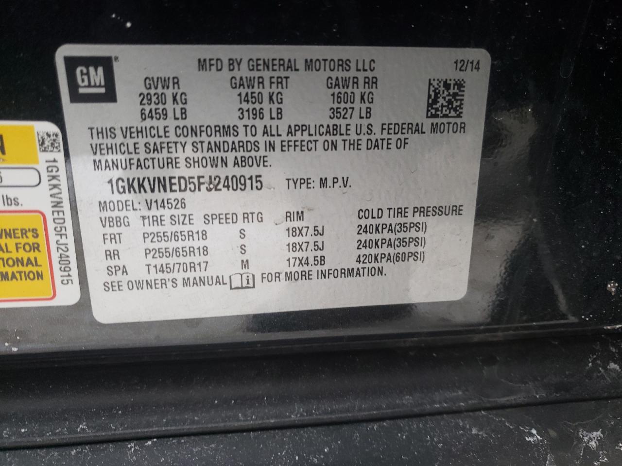 Photo 10 from auction – 2015 GMC ACADIA SLE with VIN 1GKKVNED5FJ240915