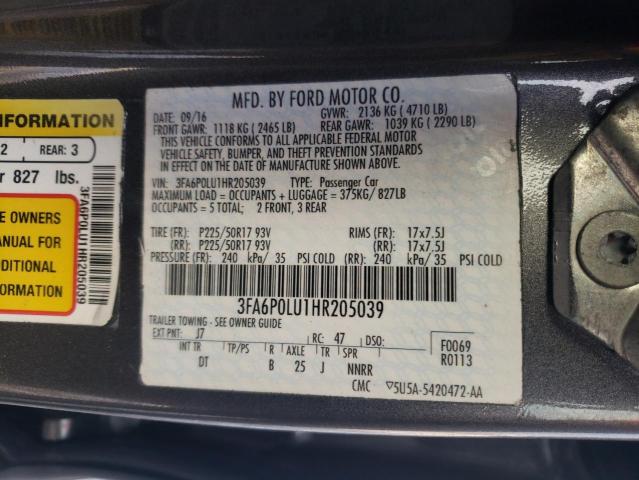 Photo 10 from auction – 2017 FORD FUSION SE with VIN 3FA6P0LU1HR205039