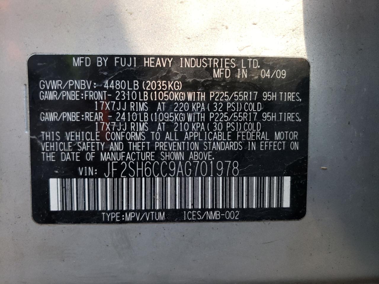 Photo 10 from auction – 2010 SUBARU FORESTER 2 with VIN JF2SH6CC9AG701978
