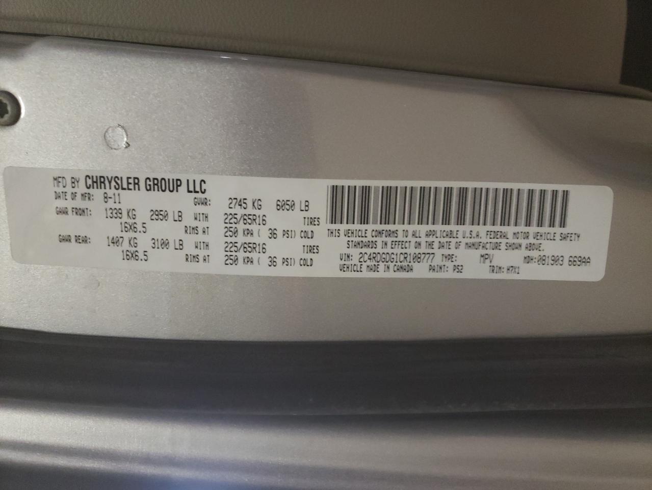 Photo 10 from auction – 2012 DODGE GRAND CARA with VIN 2C4RDGDG1CR108777