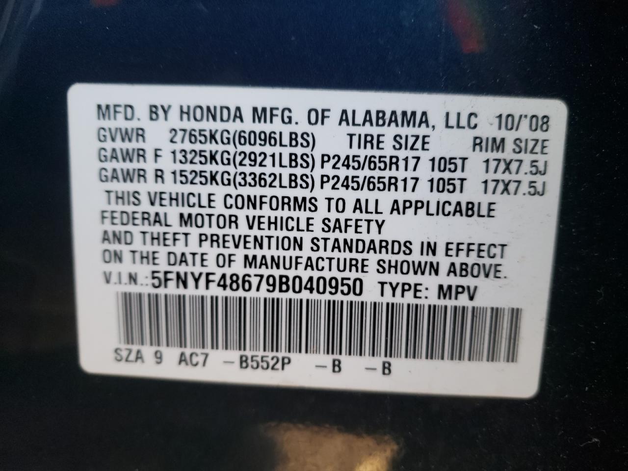 Photo 10 from auction – 2009 HONDA PILOT EXL with VIN 5FNYF48679B040950