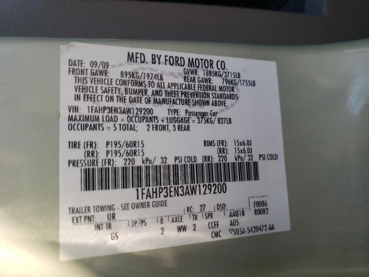 Photo 10 from auction – 2010 FORD FOCUS S with VIN 1FAHP3EN3AW129200