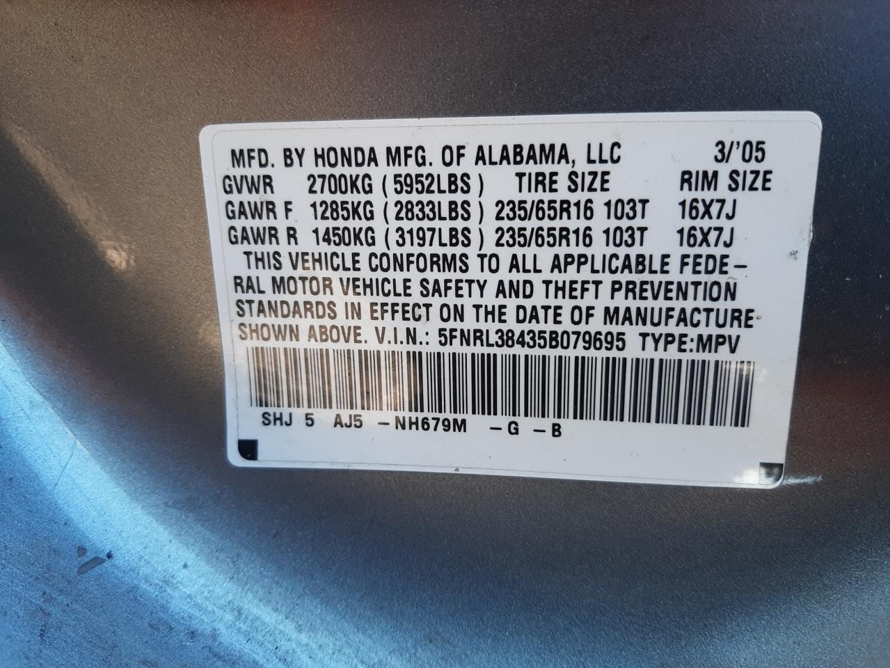 Photo 10 from auction – 2005 HONDA ODYSSEY EX with VIN 5FNRL38435B079695
