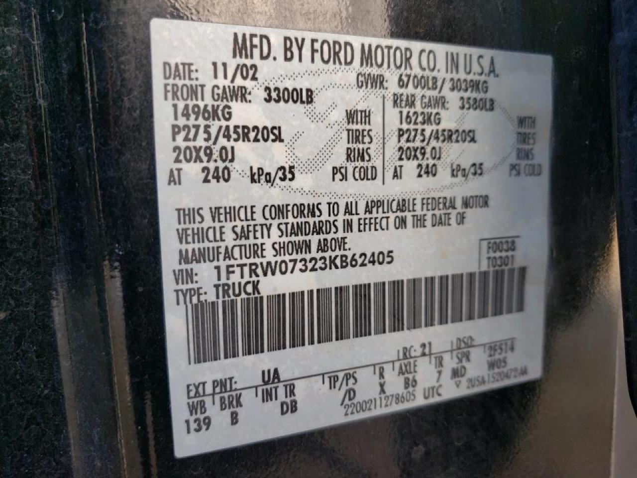 Photo 10 from auction – 2003 FORD F150 SUPER with VIN 1FTRW07323KB62405