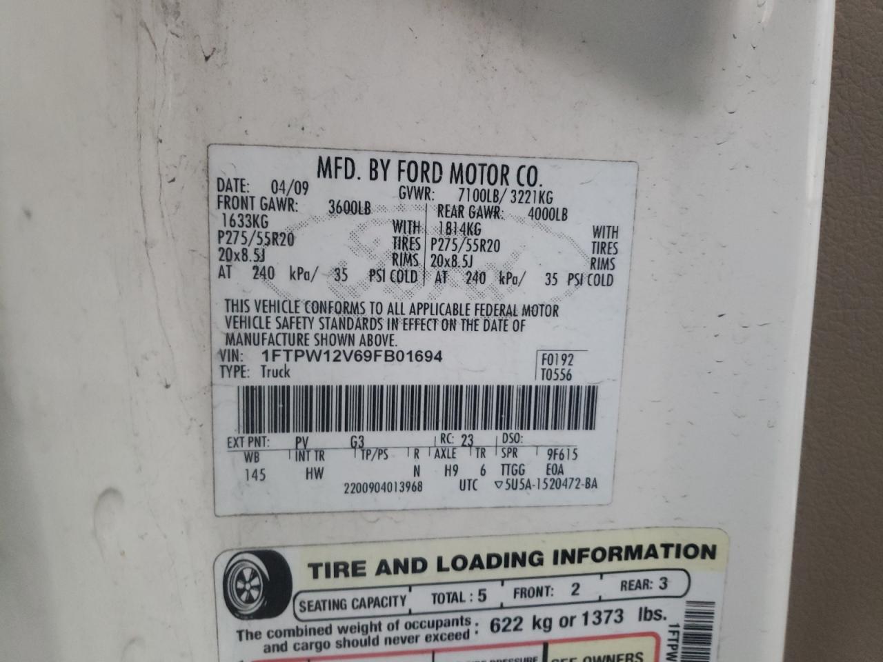 Photo 10 from auction – 2009 FORD F150 SUPER with VIN 1FTPW12V69FB01694