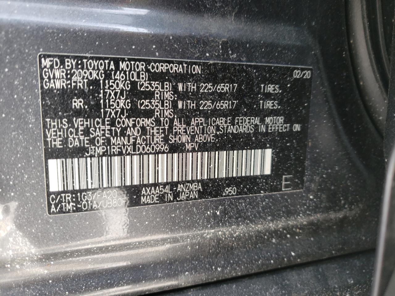 Photo 10 from auction – 2020 TOYOTA RAV4 XLE with VIN JTMP1RFVXLD060996
