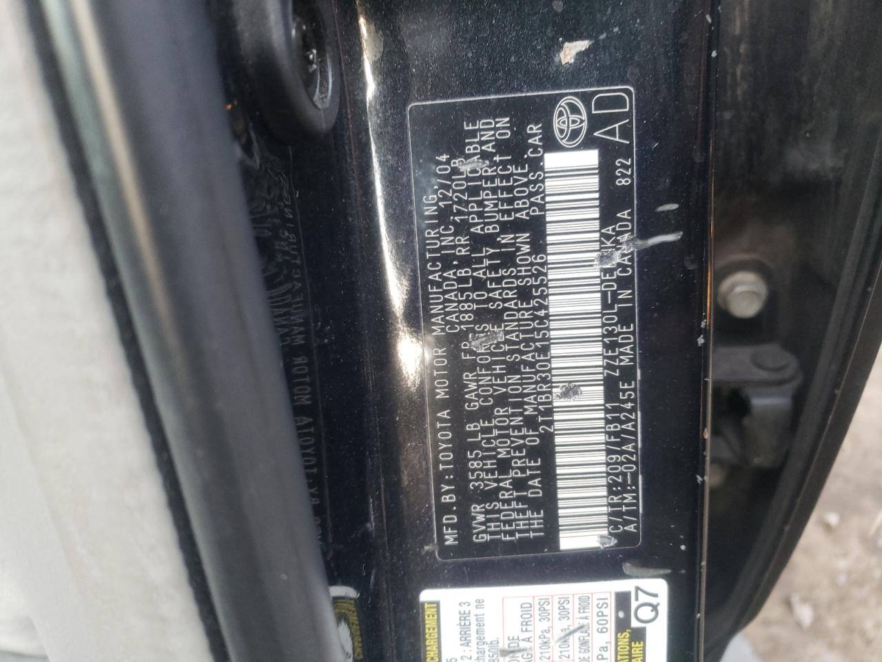 Photo 10 from auction – 2005 TOYOTA COROLLA CE with VIN 2T1BR30E15C425526