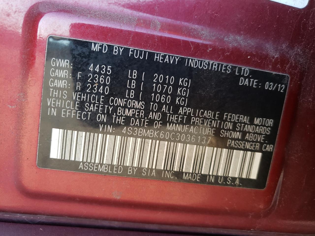 Photo 10 from auction – 2012 SUBARU LEGACY 2.5 with VIN 4S3BMBK60C3036137