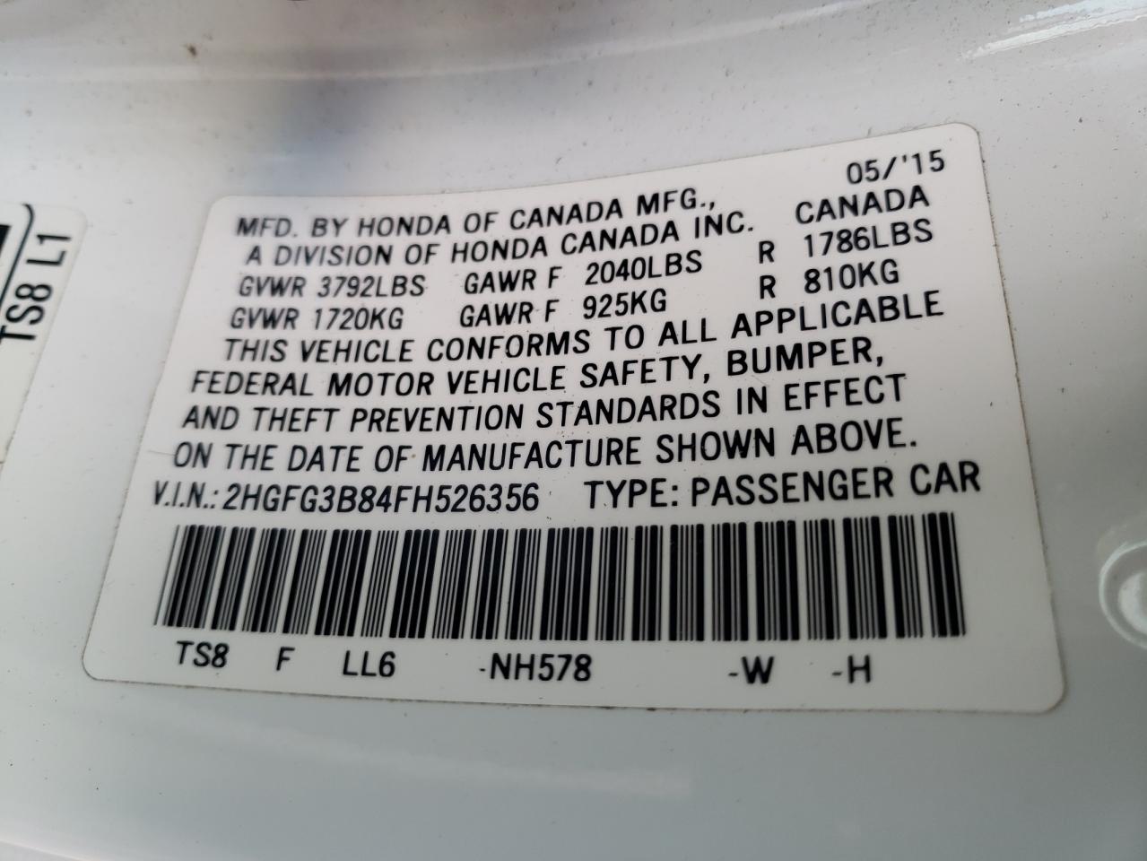 Photo 10 from auction – 2015 HONDA CIVIC EX with VIN 2HGFG3B84FH526356