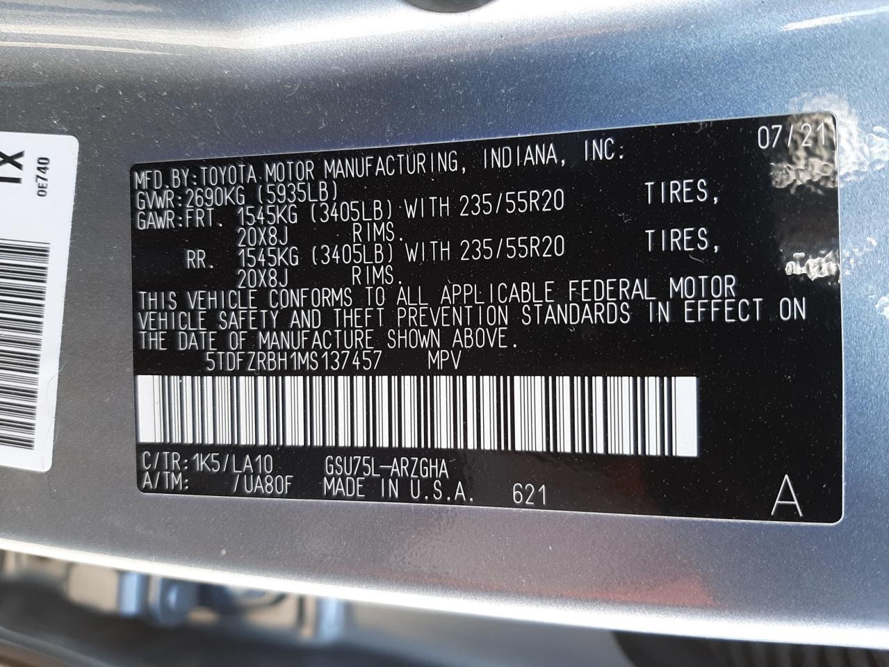 Photo 10 from auction – 2021 TOYOTA HIGHLANDER with VIN 5TDFZRBH1MS137457