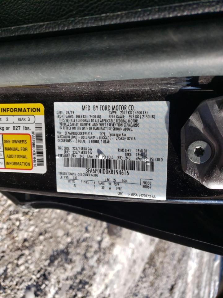 Photo 10 from auction – 2019 FORD FUSION SE with VIN 3FA6P0HD0KR194616