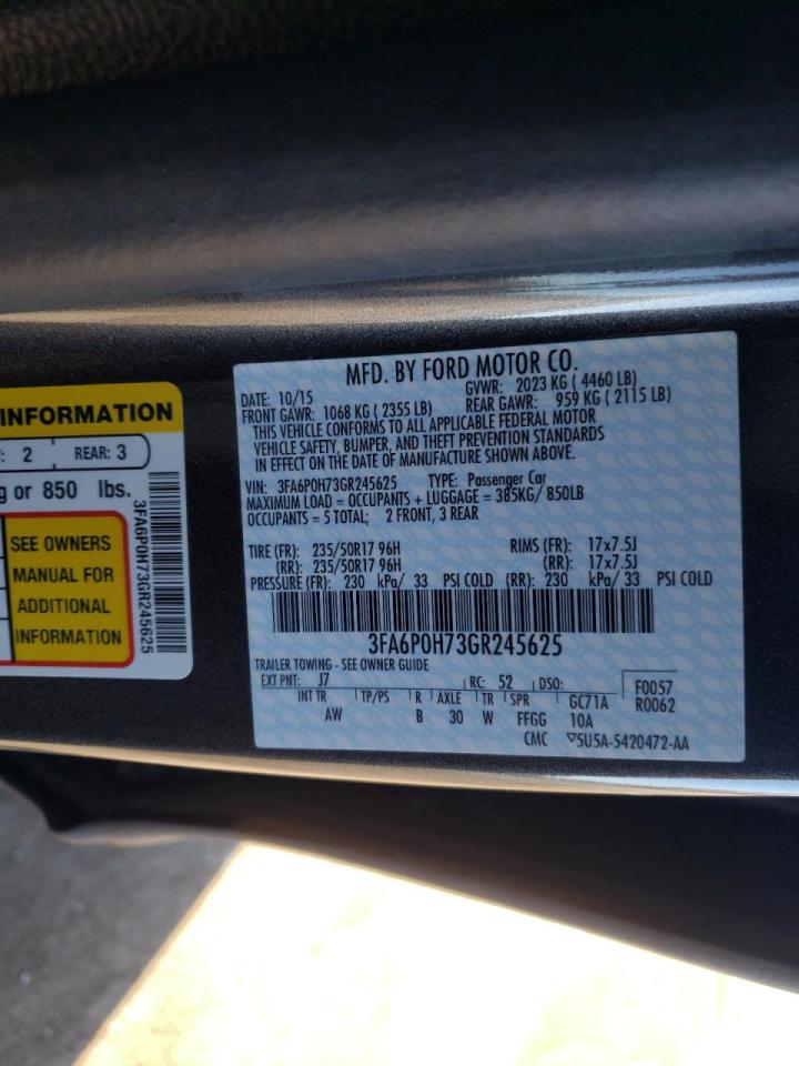 Photo 10 from auction – 2016 FORD FUSION SE with VIN 3FA6P0H73GR245625