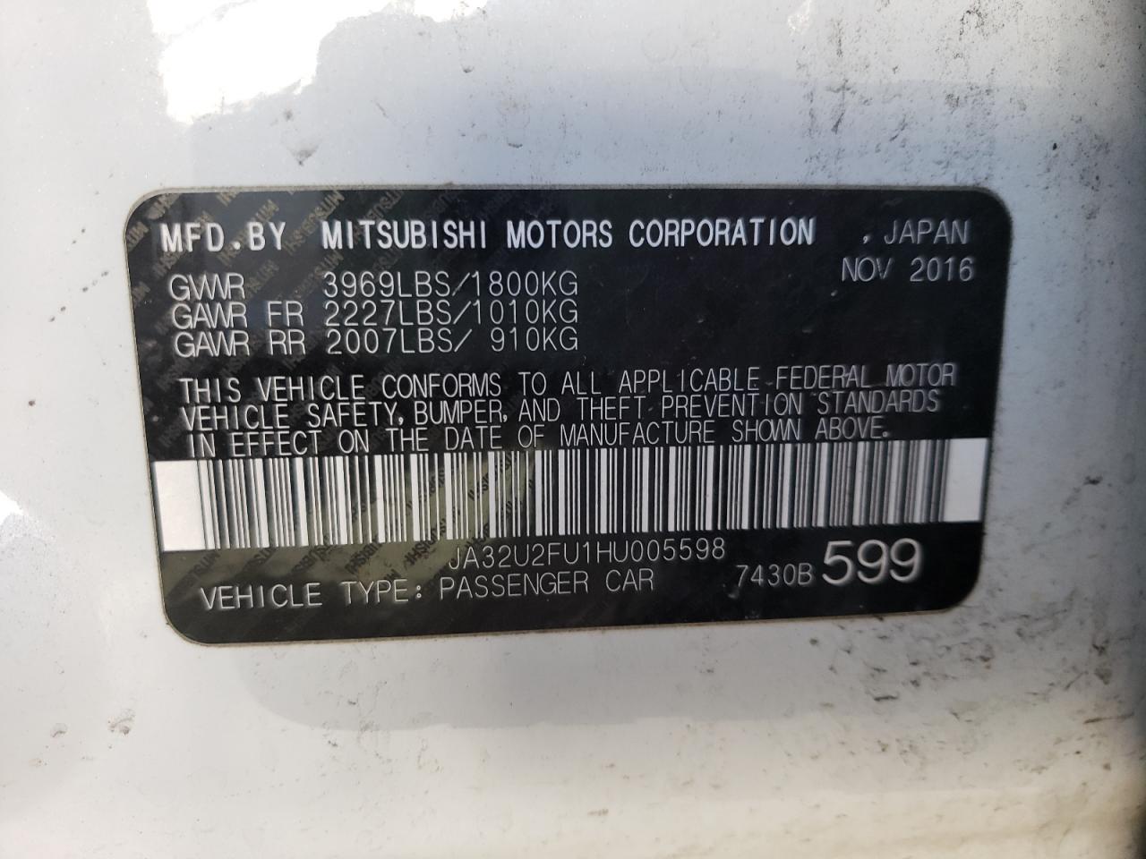 Photo 10 from auction – 2017 MITSUBISHI LANCER ES with VIN JA32U2FU1HU005598