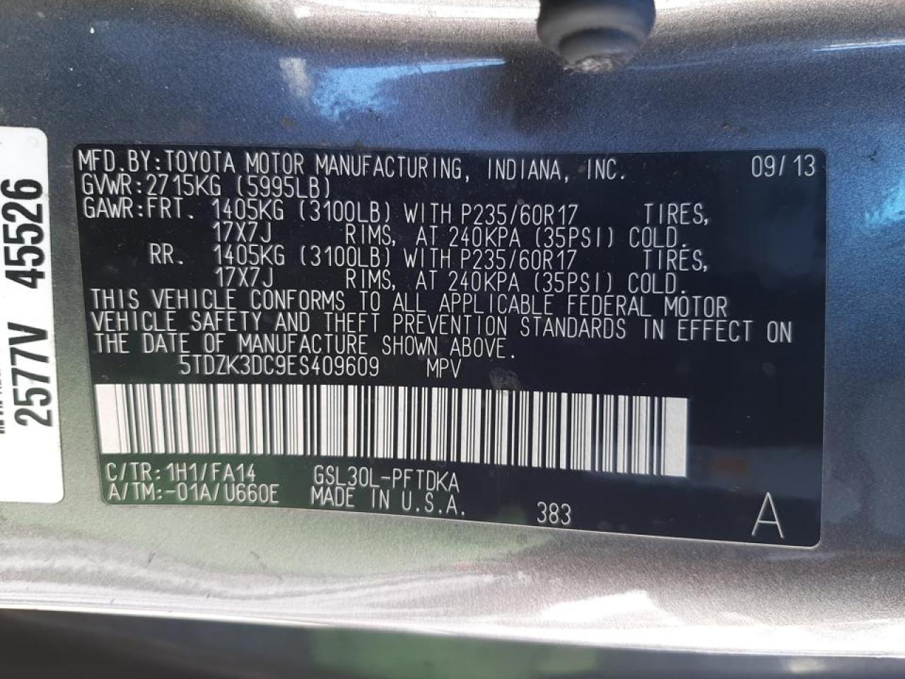 Photo 10 from auction – 2014 TOYOTA SIENNA with VIN 5TDZK3DC9ES409609