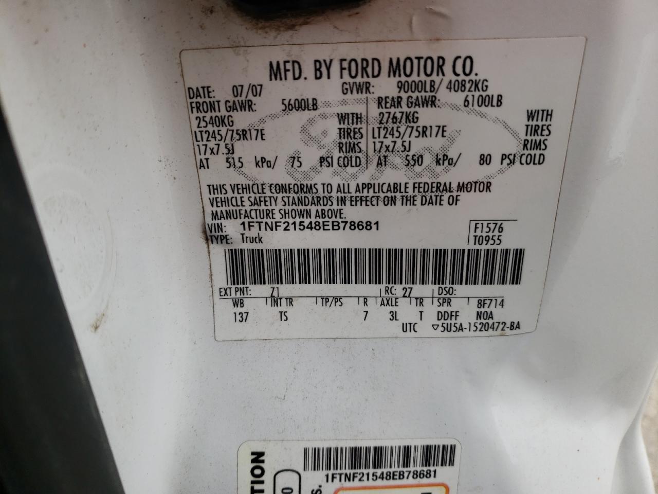 Photo 10 from auction – 2008 FORD F250 SUPER with VIN 1FTNF21548EB78681